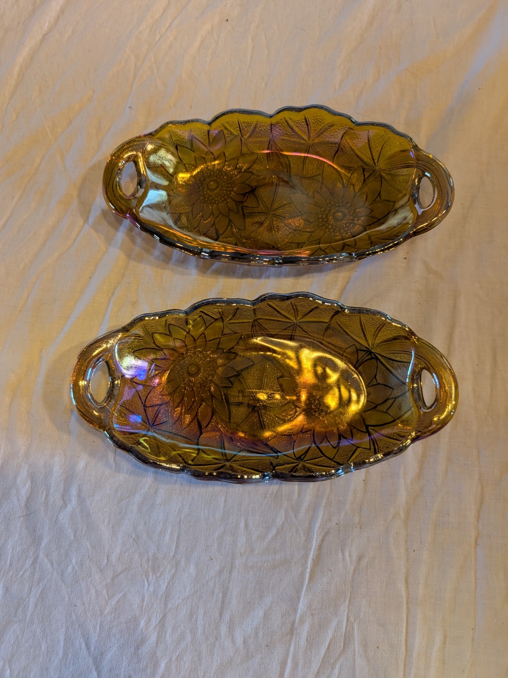 RESERVE Indiana Glass Amber Carnival Glass Handled Trays - Set of 2